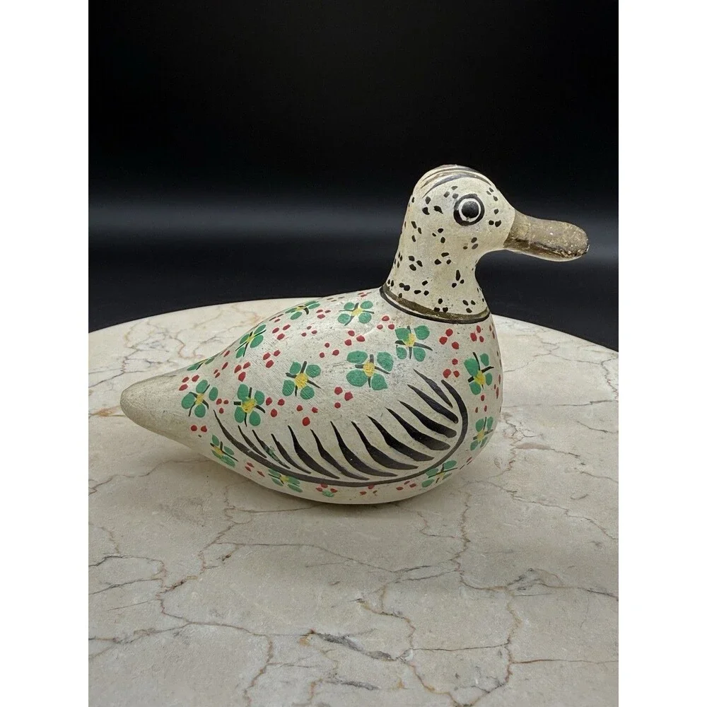 Vintage Mexican Wood Duck Hand Painted Floral Folk Art Carved Mexico Figurine